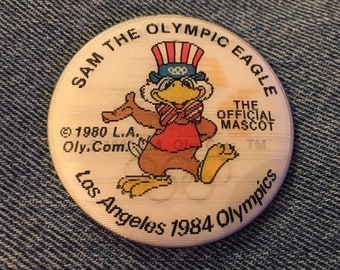 Mascot Sam the Eagle~Pinback Button Pin~L.A.1984 Olympics~Holographic Hologram