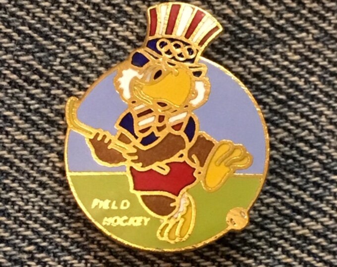 Field Hockey Olympic Pictogram Brooch Pin ~ Mascot Sam the Eagle ~ 1984 Los Angeles Summer Games ~ LA  84 ~ Cloisonné