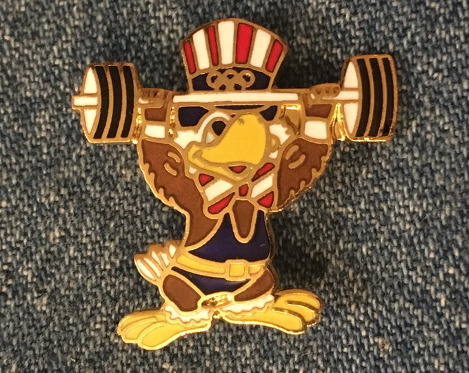 Weightlifting Olympic Pin Brooch ~ 1984 Los Angeles ~ Mascot ~ Sam the Eagle