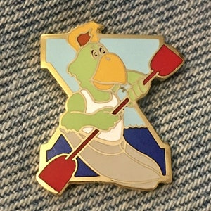 Kayak - Canoeing Lapel Pin ~ 1987 Pan Am Games at Indianapolis ~ Mascot Amigo the green parrot ~ Indianapolis