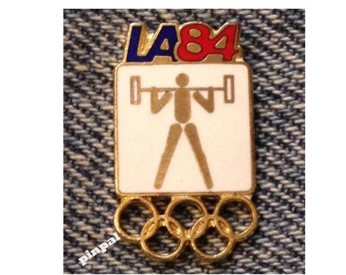 Weightlifting Olympic Pin ~ 1984 Los Angeles ~ LA ~ White ~ Pictogram ~ Cloisonné ~ small size version
