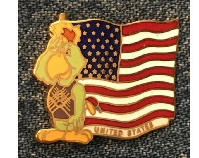 United States Flag Pin ~ 1987 Pan Am Games at Indianapolis ~ Mascot Amigo the green parrot