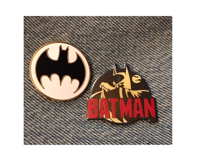 DC Comics Batman Pins ~ Set of 2 ~ Gotham Police Spotlight Logo & Batman Wordmark ~ 1988, 1991 Vintage