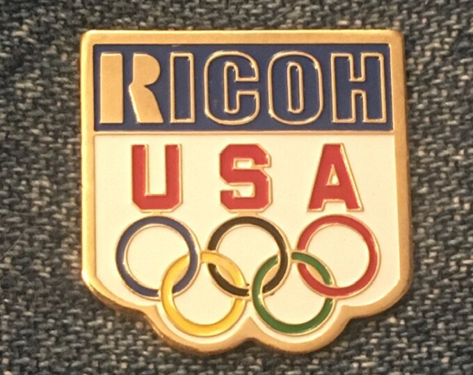1992 Olympic Lapel Pin ~ Albertville ~ Barcelona ~ Sponsor~Ricoh ~ USA~Rings