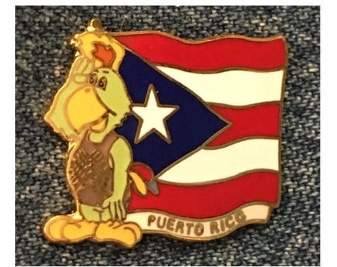 Puerto Rico Flag Pin ~ 1987 Pan Am Games at Indianapolis ~ Mascot Amigo the green parrot
