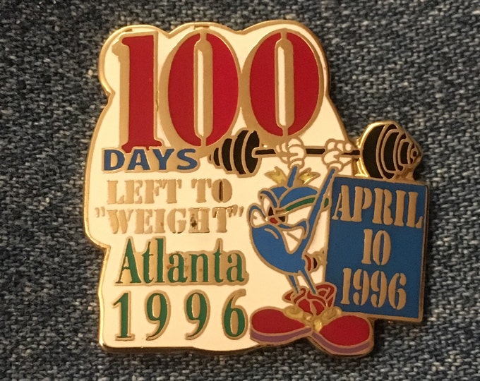 Mascot IZZY ~ 1996 Olympic Lapel Pin ~ Weightlifting ~ 100 Days Left to the Summer Games