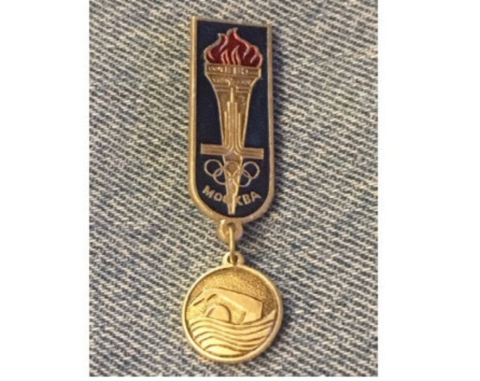 Swimming Olympic Brooch Pin ~ dangle ~ 1980 Moscow Games ~ Soviet USSR Russia