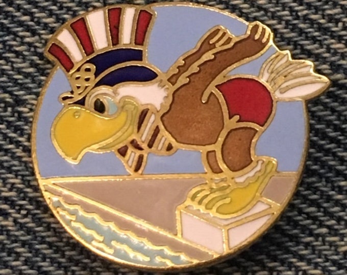 Swimming Olympic Brooch Pin ~ 1984 ~ Los Angeles ~ LA ~ Mascot ~ Sam the Eagle