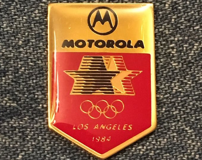 1984 Olympic Pin ~ Los Angeles Olympic Games ~ Sponsor  ~Motorola ~ Red Background ~ Stars in Motion '84 Logo