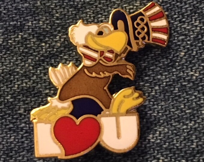 1984 Los Angeles Olympic Brooch Pin ~ "I Love U" ~ LA ~ Mascot ~ Sam the Eagle