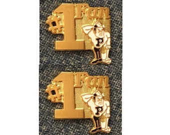 May include: Two gold-colored pins with the number one and the word "Fan" on them. The pins also feature a cartoon character wearing a baseball uniform.