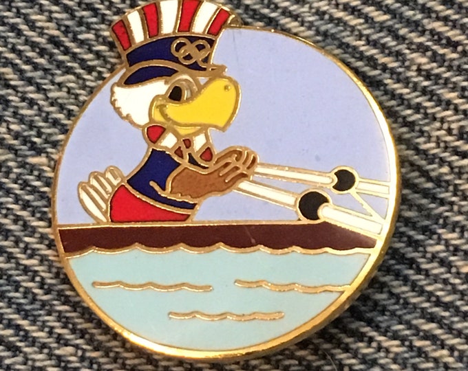 Rowing Olympic Brooch Pin ~ 1984 ~ Los Angeles ~ LA ~ Mascot ~ Sam the Eagle