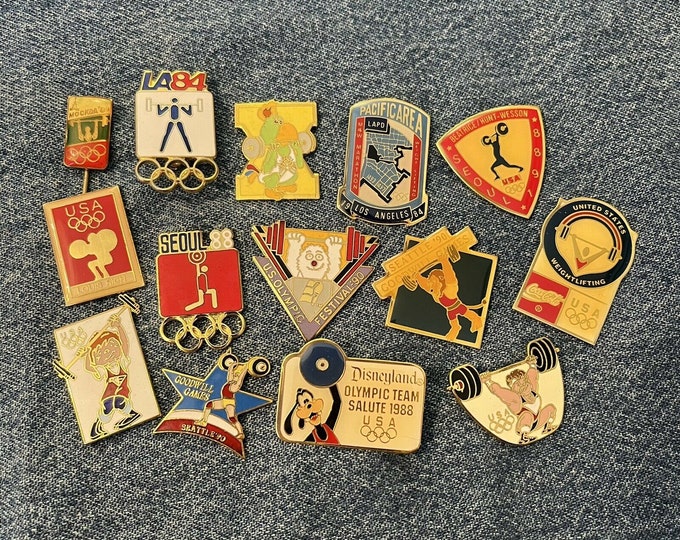 Lot of 14 Weightlifting Olympic and Games Pins ~ Vintage ~ 1980, 84, 88, 90 & 92