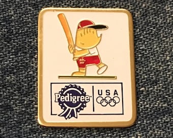 Baseball Olympic Pin ~ 1992 Barcelona ~ Mascot ~ Cobi ~ Sponsor ~ Pedigree