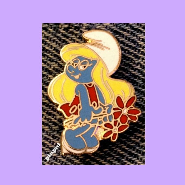 Smurf Brooch Pin by Peyo ~ Smurfette with Flowers ~ Vintage 1980 ~ Cloisonne