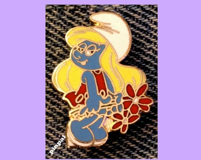 Smurf Brooch Pin by Peyo ~ Smurfette with Flowers ~ Vintage 1980 ~ Cloisonne