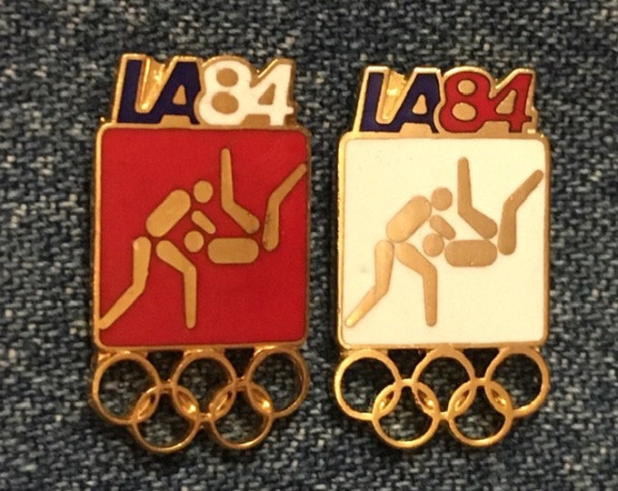 Judo Olympic Pin Badge ~ Set of 2 ~ Pictogram ~ 1984 Los Angeles ~ LA ~ vintage cloisonne