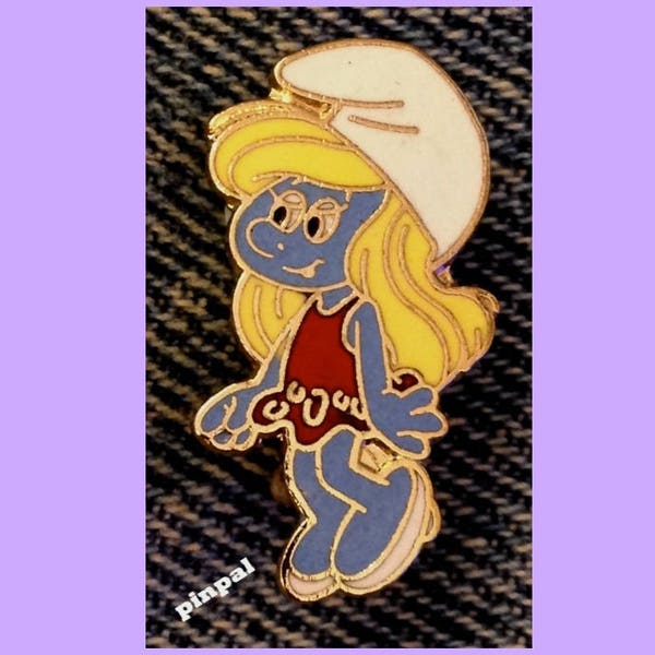 Smurf Brooch Pin by Peyo ~ Smurfette ~ Vintage 1980 ~ Cloisonne