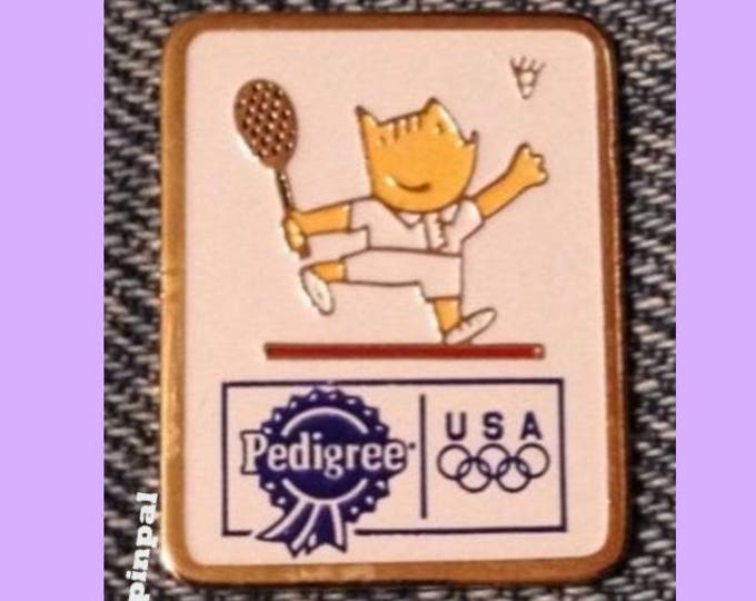 Badminton Olympic Pin ~ 1992 Barcelona ~ Mascot ~ Cobi ~ Sponsor ~ Pedigree