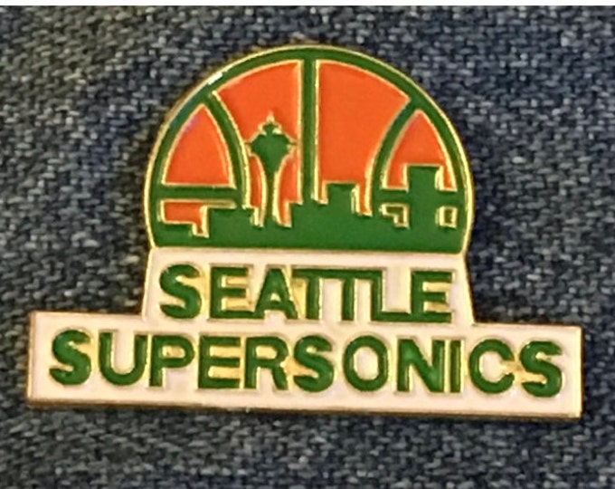 Seattle Supersonics Pin ~ Sonics ~ NBA ~ Orange and Green Skyline ~ 1990's vintage by C.P. & D.