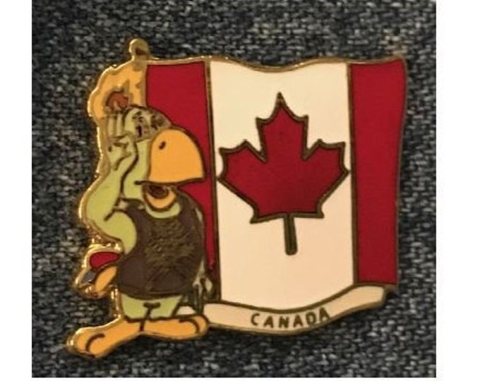 Canada Flag Pin ~ 1987 Pan Am Games at Indianapolis ~ Mascot Amigo the green parrot