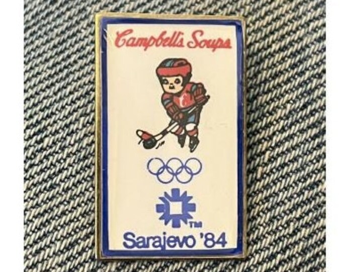 1984 Sarajevo Ice Hockey Pin ~ Campbell's Soup ~ Winter Games Sponsor ~ Union Made
