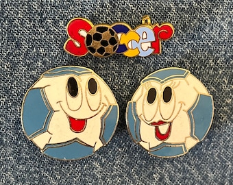 1977 Vintage Soccer Happy Face Brooch Pin ~ Set of 2 ~ Boy ~ Girl ~ cloisonne