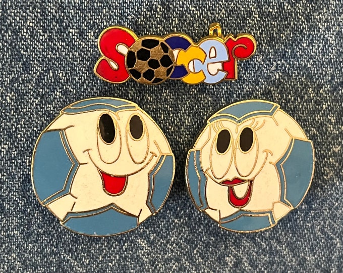 1977 Vintage Soccer Happy Face Brooch Pin ~ Set of 2 ~ Boy ~ Girl ~ cloisonne