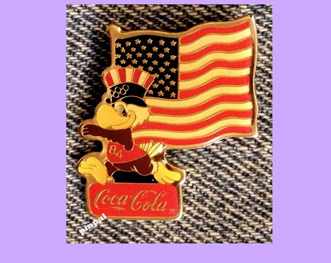 USA Flag Pin with Mascot Sam the Eagle from 1984 Olympics at Los Angeles ~ Sponsor ~ Coca Cola