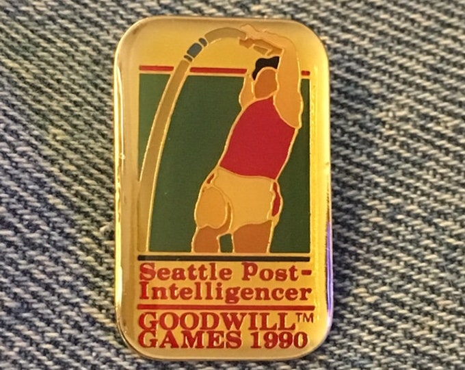 Seattle Post Intelligencer Media Pin ~ 1990 Goodwill Games ~ red lettering ~ Pole Vault ~ non Olympic