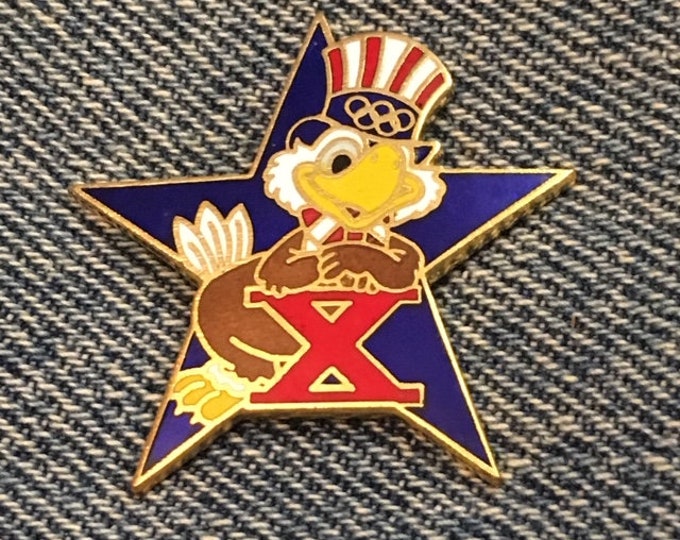 Decathlon Olympic Pin ~ Mascot Sam the Eagle ~ 1984 Los Angeles Summer Games ~ LA  84 ~ Cloisonné ~ Blue Star