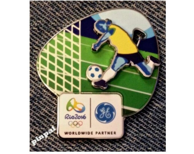 Soccer Olympic Lapel Pin ~ Football ~ 2016 RIO Logo ~ Slider ~ 3D ~ Sponsor GE ~ Brazil