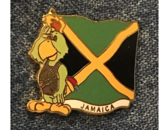 Jamaica Flag Pin ~ 1987 Pan Am Games at Indianapolis ~ Mascot Amigo the green parrot