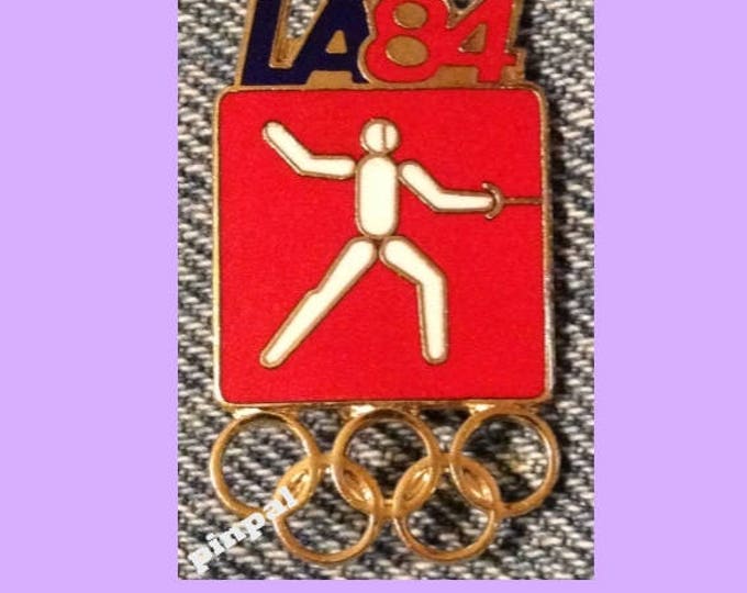 Fencing Olympic Brooch Pin ~ 1984 ~ Los Angeles ~ LA ~ Pictogram ~ Red