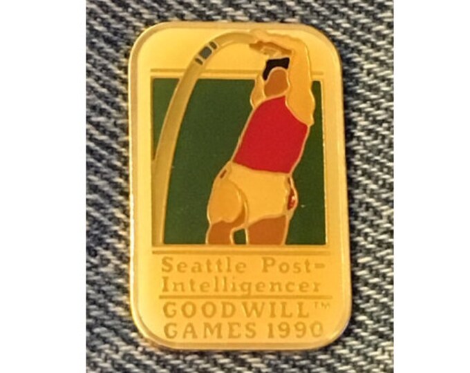 Seattle Post Intelligencer Media Pin ~ 1990 Goodwill Games ~ gold tone lettering ~ Pole Vault ~ non Olympic