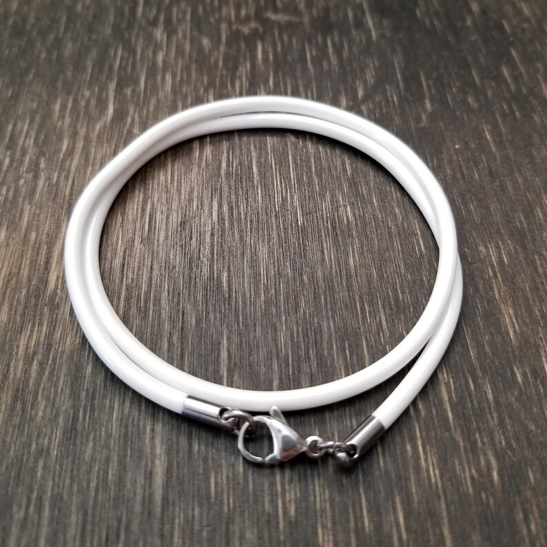 Rubber cord 3mm Necklace White with stainless steel Lobster Claw Clasp 13x8mm and cord end 9x4mm.