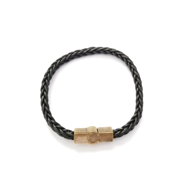 Leather braided square cord 4mm Bracelet Black with Pewter Brass Plated magnetic slide lock square tube Clasp 21x8mm.