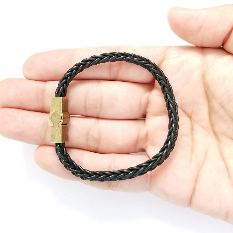 Leather braided square cord 4mm Bracelet Black with Pewter Brass Plated magnetic slide lock square tube Clasp 21x8mm.