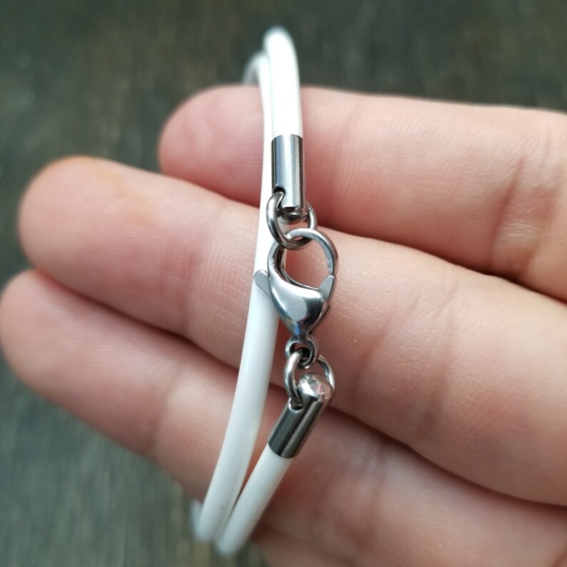Rubber cord 3mm Necklace White with stainless steel Lobster Claw Clasp 13x8mm and cord end 9x4mm.