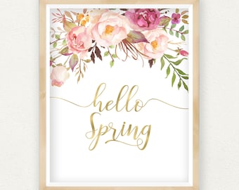 Hello Spring Printable Art Print, Spring Home Decor, Happy Spring Sign, Happy Easter Print, Pink Peony Wreath, Gold Nursery Floral Wall Art
