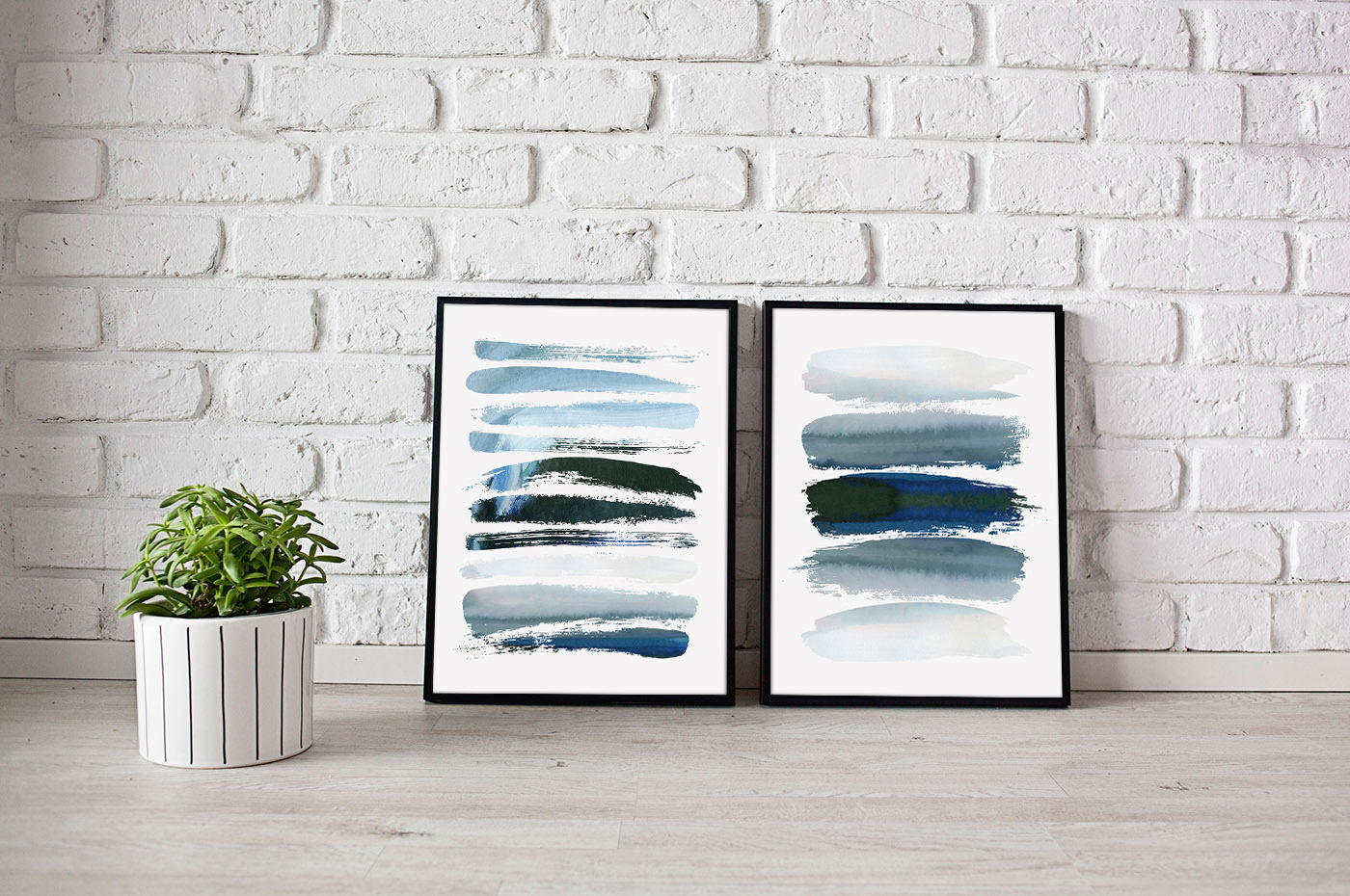 Abstract Set of 2 Prints Indigo Blue Wall Art Brush Strokes Etsy