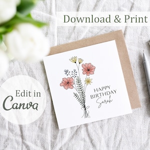 Cartão de aniversário floral imprimível | Editável no Canva | Download Digital | Flores | Buquê | Minimalista| cartão para colorir | Cartão faça você mesmo