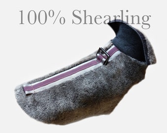 shearling dog harness, dog jacket, dog coat, shearling dog clothing, gray, 100% real shearling "Greyhound Gray" Handmade by Lutii