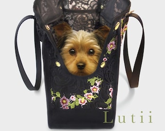 summer dog tote, dog bag, dog tote bag, dog purse, pet tote, airy fabric non-overheating, Lux lace sheer pet carrier-handmade by Lutii.