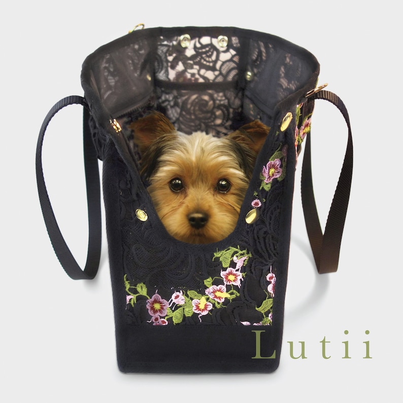 summer dog tote, dog bag, dog tote bag, dog purse, pet tote, airy fabric non-overheating, Lux lace sheer pet carrier-handmade by Lutii. image 1