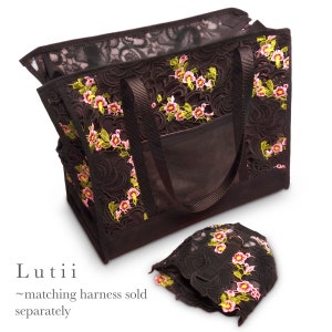 summer dog tote, dog bag, dog tote bag, dog purse, pet tote, airy fabric non-overheating, Lux lace sheer pet carrier-handmade by Lutii. image 5