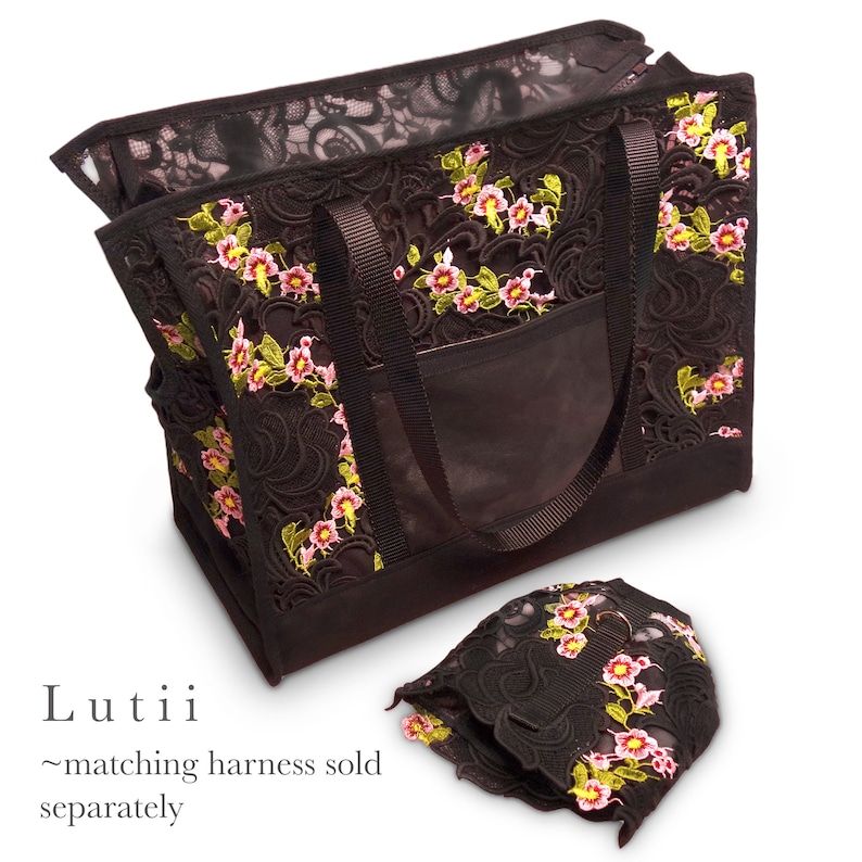 summer dog tote, dog bag, dog tote bag, dog purse, pet tote, airy fabric non-overheating, Lux lace sheer pet carrier-handmade by Lutii. image 5