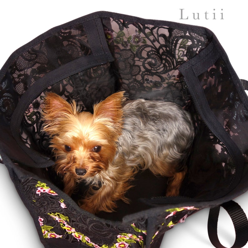 summer dog tote, dog bag, dog tote bag, dog purse, pet tote, airy fabric non-overheating, Lux lace sheer pet carrier-handmade by Lutii. image 3
