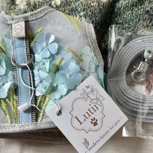K&ouml;nnte beinhalten: Ein hellgraues Netz-Hundegurtzeug mit blauer Blumenstickerei und einer passenden Leine. Das Gurtzeug hat einen silbernen D-Ring und die Leine einen silbernen Haken. Das Etikett lautet "Luti - modern luxury for pets".