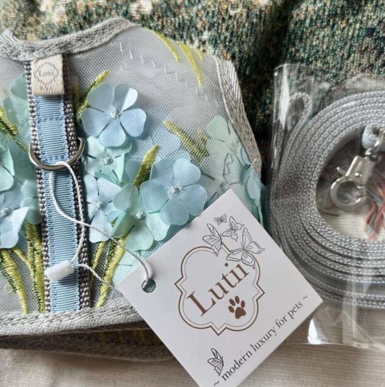 K&ouml;nnte beinhalten: Ein hellgraues Netz-Hundegurtzeug mit blauer Blumenstickerei und einer passenden Leine. Das Gurtzeug hat einen silbernen D-Ring und die Leine einen silbernen Haken. Das Etikett lautet "Luti - modern luxury for pets".